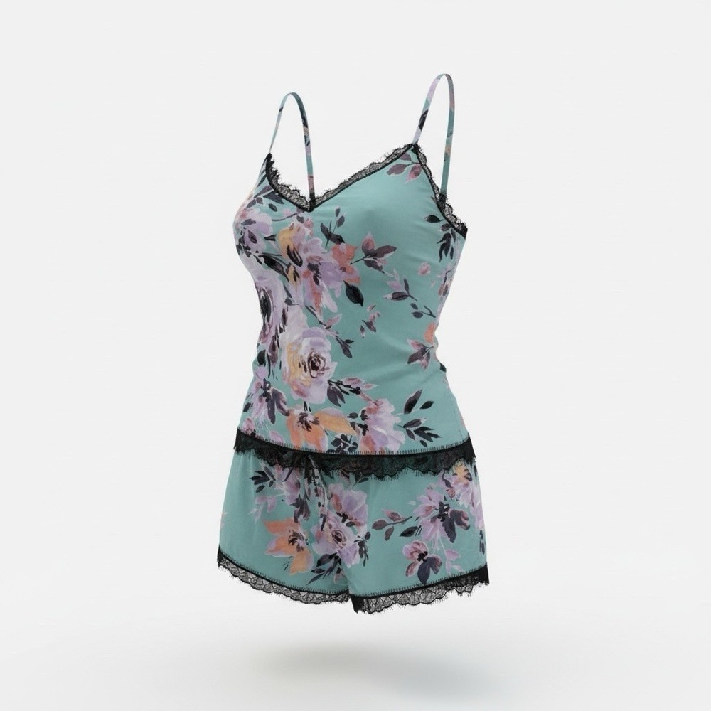MIDNIGHT BAKERY Floral Print Short Pajama Set In‎ Aqua Medium